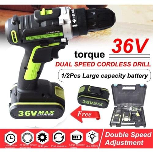 36V Electric Cordless Drill Electric Screwdriver 1/2 Lithium Battery Rechargeable LCD Hand Drills DIY Electric Power Tool