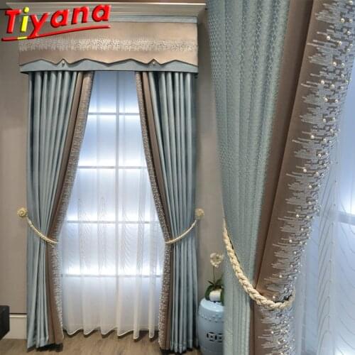 Geometric Jacquard Sequins Curtains for Living Room Luxury Blue Blackout Curtains for Bedroom High-end Curtains Custom#RX
