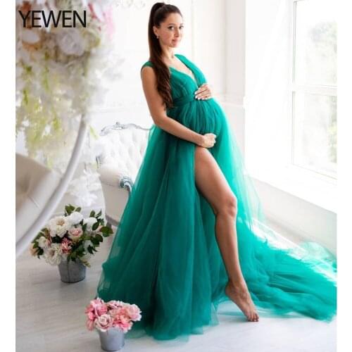 Emerald Green Elegant Tulle Evening Gown Empire Waist Boho Maternity Photoshoot Dress Formal Pregnancy Dress YEWEN