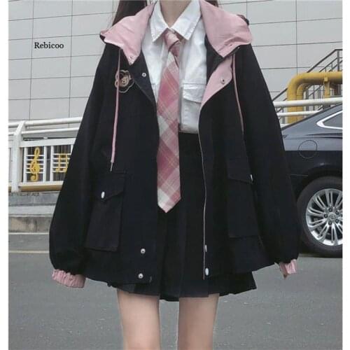 Korean Cute Pink Loose Tops Black Female Casual Students Jacket Sweatshirt Autumn Hoodie School Girls Coat Streetwear Hoodies