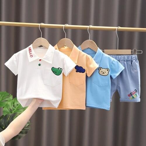 2021 Summer Children Kids 2Pcs Suits Cartoon Lapel Collar T-Shirt Tops + Letter Shorts Pant Baby Boys Casual Clothing Sets