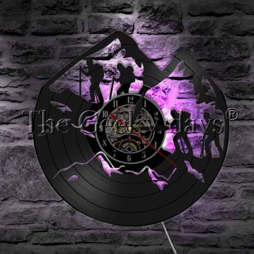 Hiking Mountain Climbers Vinyl Record Wall Clock LED Hanging Light Extreme Sport Modern Wall Lamp For Mountaineering Gift
