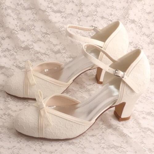 New Design Mary Janes Wedding Shoes with Block Heel White Ivory Lace Bridal Pumps