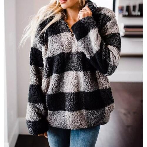 Autumn Winter Harajuku Fashion Womens Plaid Print Plush Pocket Zipper Top Blouse Easy Sweatshirt Female Tracksuit Coat Chaqueta
