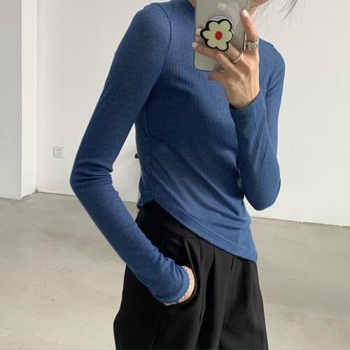 Slanted Hem Tops Women T Shirt Crew Neck Semi Translucent Asymmetrical Top 2021 Spring Summer