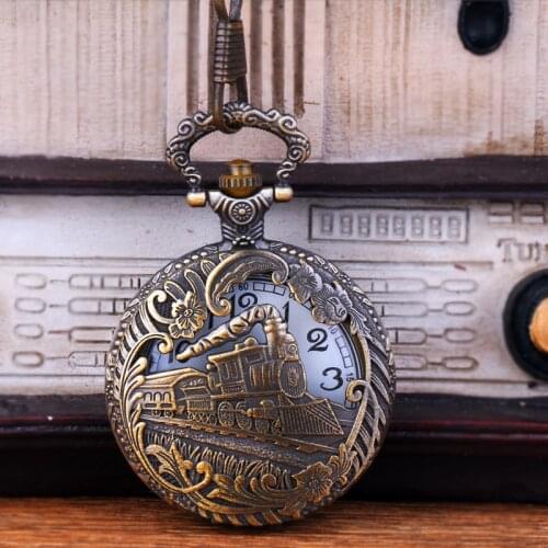 Vintage Quartz Pocket Watch Train Carved Openable Hollow Steampunk Theme Pocket Fob Watch Men Women Necklace Pendant Clock Gifts