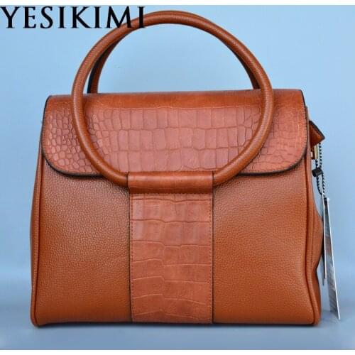 YESIKIMI Women Handbags Brown Color Litchi And Alligator Patchwork Shoulder Purse Cover Circle Handle Quality PU Leather B