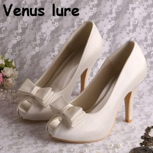 Handmade Peep Toe Heels for Women Ivory Satin Wedding Heel Bow Pumps