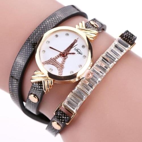 Tower Print Drill Round Dial Quartz Watch Women Leather Analog Wristwatch