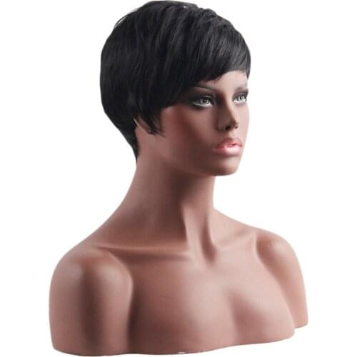 Women Layered Short Straight Human Hair Wigs + Cap Black Resistant