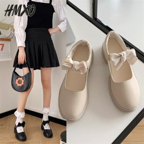 HMXO Thick Heel Bow Women Shoes Retro Shallow Mouth Fairy Shoes British Style Retro Word Buckle Mary Jane Leather Shoes Women