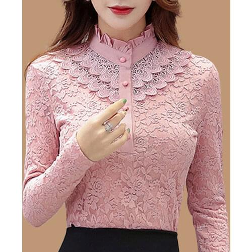 2021 Spring Autumn Woman Solid Long Sleeve Top Vintage Hollow Out Female Office Ladies Tops Casual Lace Thick Warm Shirts H1240