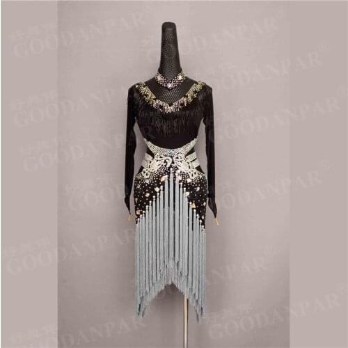 GOODANPAR Women Fringe Standard Latin Dance Dress Long Sleeve Bead Tube Rhinestone Samba Rumba Salsa Competition Costume