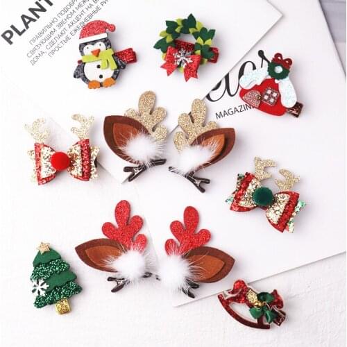 10pcs Christmas Hair Clips Cartoon Handmade Bowknot Hair Bows Bangs Kid Hairpin Fashion Party Festival New Year Xmas Girls Gift