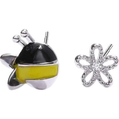 100% 925 Sterling Silver Womens Jewelry Asymmetrical Bee Flowers Stud Earrings Gift for Girls Kids Lady Madam