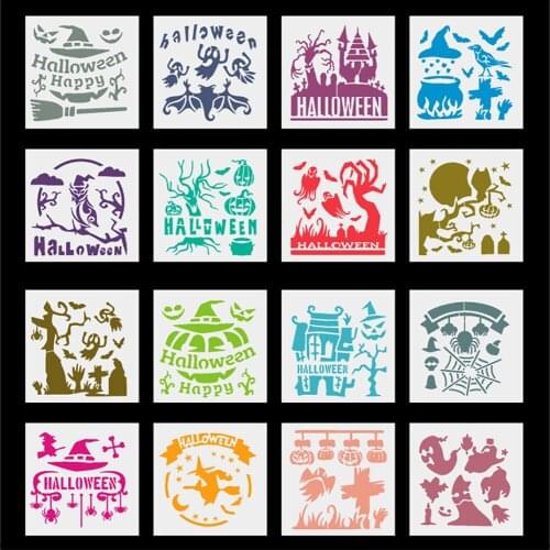 16 Pcs/Pack DIY Halloween Stencil Ghost Spider Witch Drawing Template Painting Scrapbooking Card Embossing Album Coloring Craft