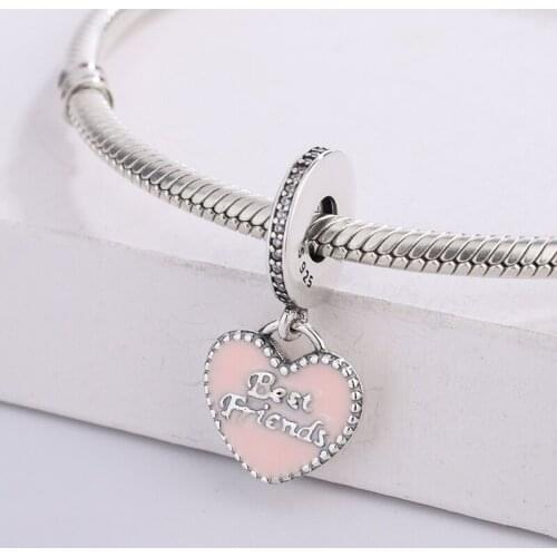 925 Sterling Silver Elegant Pink Heart Enamel Best Fricends Pendant Charm Bracelet Fashion Jewelry Making For Original Pandora