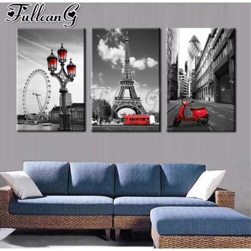 FULLCANG 5d diy diamond embroidery Paris city landscape diamond painting triptych full square round drill home decor FC2807