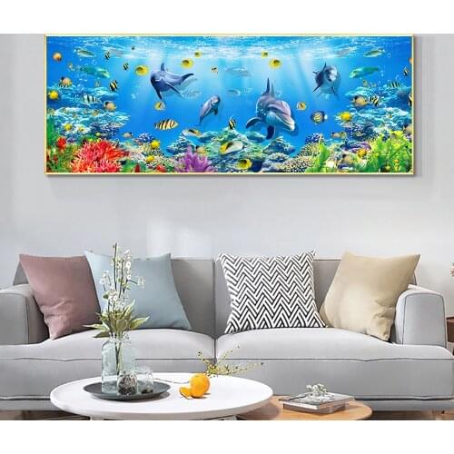Scandinavian Home Decoration Large Size Color Coral Oil Painting Seabed Wall Art Painting Poster Cute Dolphin Water Fish Animal