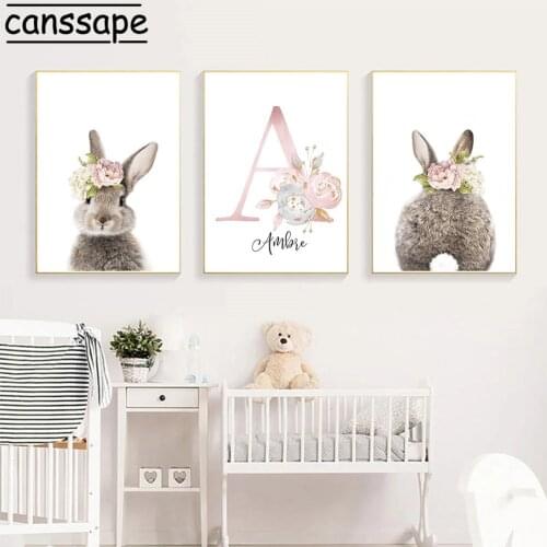 Rabbit Canvas Painting Custom Name Poster Bunny Print Nursery Wall Art Pink Flower Pictures Nordic Baby Girl Bedroom Decoration