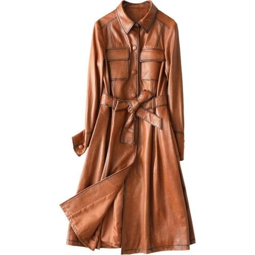 Classic Long Leather Coat Slim Women Sheepskin Genuine Leather Jackets High Quality Long Sleeves Jackets with Sashes Pockets