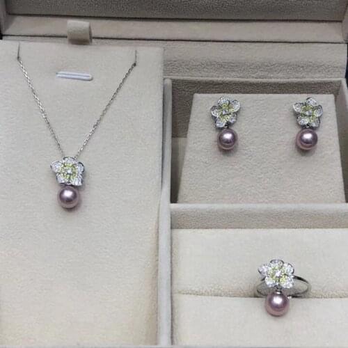 Flower Shape 925 Silver Pearl Pendant Ring Earrings Set Mountings Findings Beautiful Jewelry Set Parts Fittings for Pearls Beads