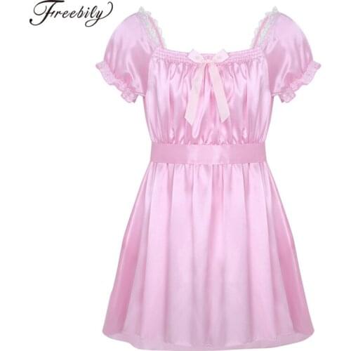 Men Sissy Nightwear Sexy Underwear Square Neckline Shiny Soft Satin High Low Design Crossdress Lingerie Dress with Sash