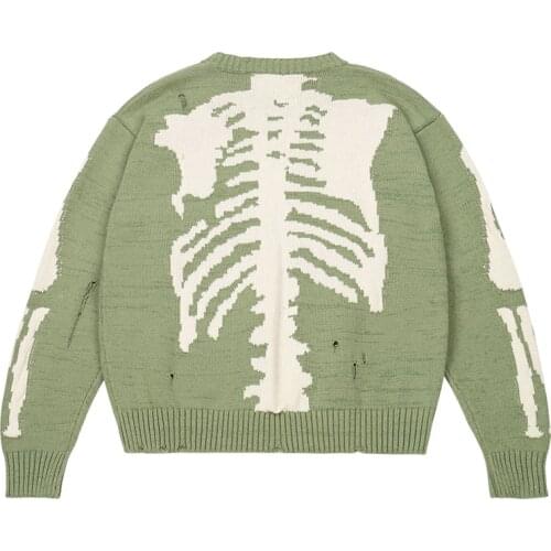 Men Oversized Sweater Green Loose Skeleton Bone Printing Woman High Quality High Street Damage Hole Vintage 1:1 Knitted Sweater