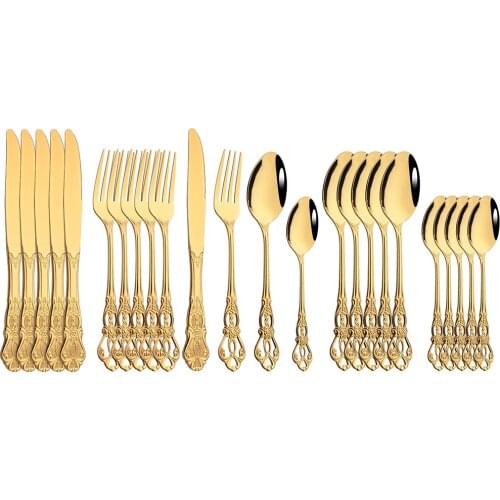 Royal 24pcs Gold Cutlery Set Dinnerware Stainless Steel Spoons Forks Knives Kitchen Western Dinner Silverware Tableware Gift