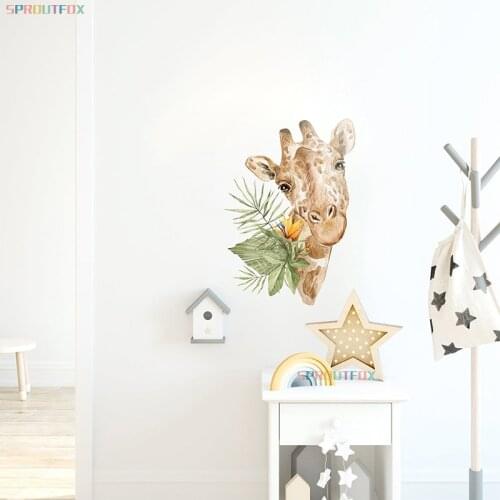 Cartoon Animal Wall Stickers for Kids Room Baby Boys Bedroom Leaf Giraffe Zebra Leopard Lion Nursery Wall Art Decoration Gifts