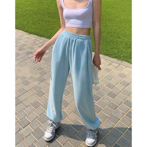 Real shot 2021 new fashion womens high-waist trousers loose straight leg pants casual sports sweater pants