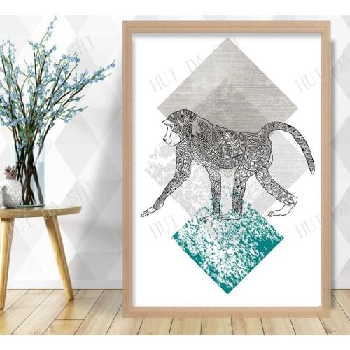 Tribal Geometric MONKEY Full Art Print Yellow Grey Aztec Gallery Wall Poster Decor Gift