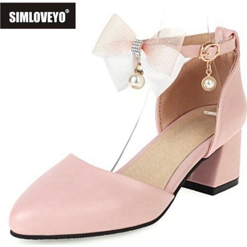 SIMLOVEYO New 2021 Ladies Pumps Round Toe 5cm Block Heels Faux Pig Leather Buckle Pearl Bowtie Sweet Breathable Party B2297