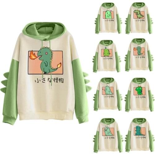 Women Cute Dinosaur Print Splicing Long Sleeve Casual Hoodie Tops Cute Creative Design Sweatshirt For Girls 2021 Winter Clothing