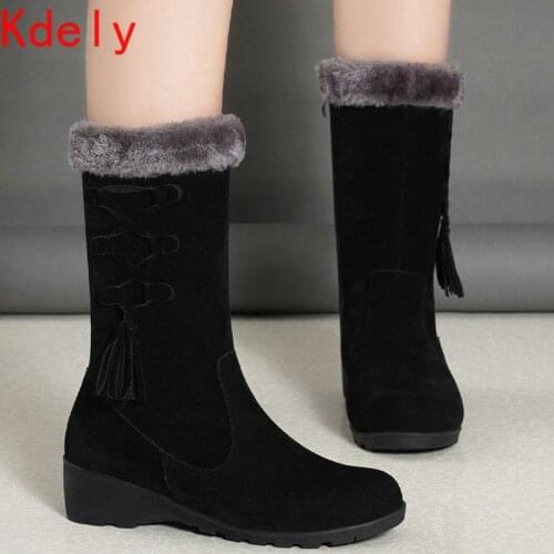 Snow Woman Boots 2020 New Winter Warm Cotton Shoes with Velveteen Wedges and Middle Boot Lady Botas De Mujer
