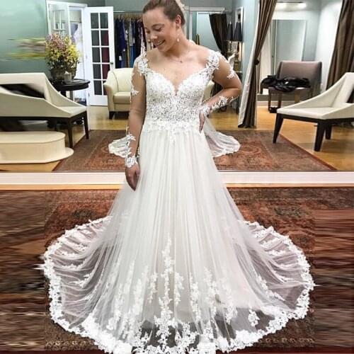 New Arrival Plus Size Wedding Dress With Long Sleeves Appliques Bridal Dress Made To Measure Sweep Train Vestido De Novia