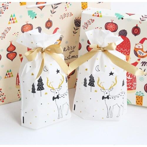 10pcs Christmas Gift Bag Candy Sweet Treat Holders Xmas Festival Bake Biscuit Cookies Packaging Bags New Year Party Home Decor