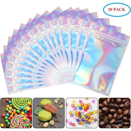 20 Pcs Resealable Smell Proof Bags Foil Mylar Ziplock Bags Aluminum Foil Pouch Bags Food Storage Bags Holographic Color