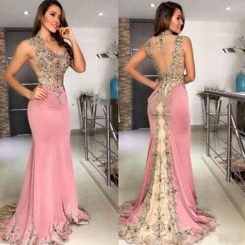 2020 New Sexy Pink Dark Red Mermaid Evening Dresses Wear V Neck Lace Appliques Crystal Beaded Sleeveless Sheer Back Formal Party