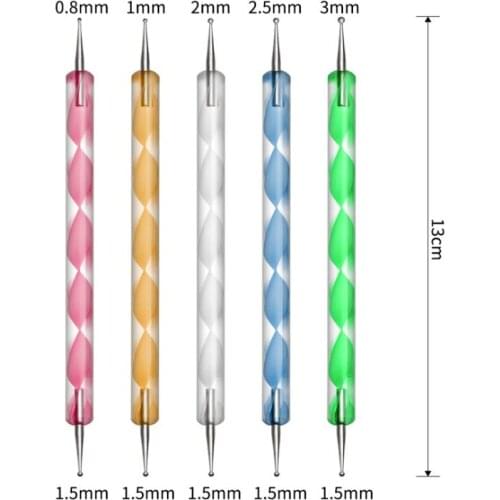 5Pcs/Set UV Gel Painting Nail Art Dotting Pen Acrylic Handle Rhinestone Crystal 2 Head Salon Decoration Manicure Tools Kit