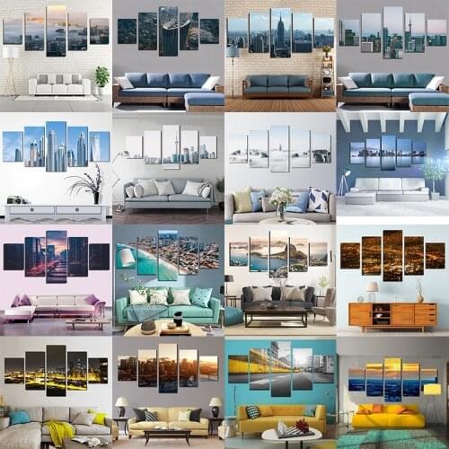 5 Pieces Modern City Landscape & Seascape HD Canvas Painting Decorated For Home Living Room Background Hotel Corridor Hall Wall