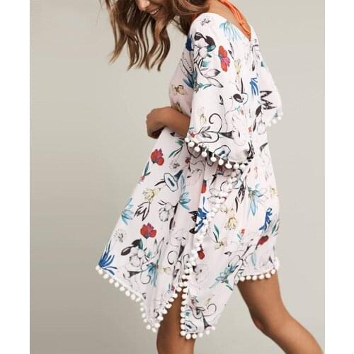 BYUAN Summer Women Chiffon Dress Loose Sexy Beach Dress Tassel Printed Dress For Women Bikini Beachwear Sun Clothes