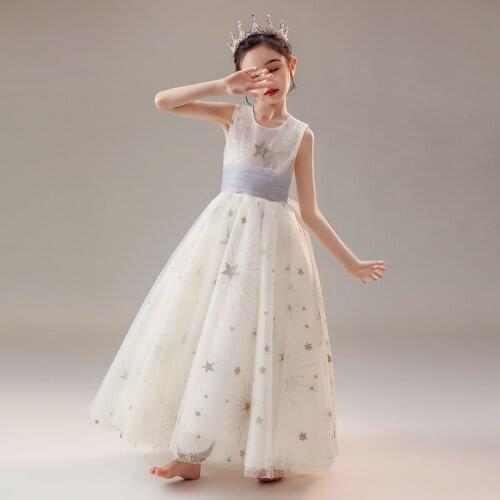 Champagne Flower Girls Dresses Sequined O-Neck Pleat Sleeveless Elegant Tulle Ball Gown Tiered Floor-Length Princess Skirt D193