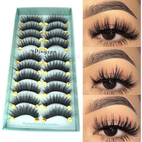 DINGSEN New 10 pairs 3D Faux Mink Hair False Eyelashes Wispies Fluffies Natural Long Soft Handmade Cruelty-free Black Lashes