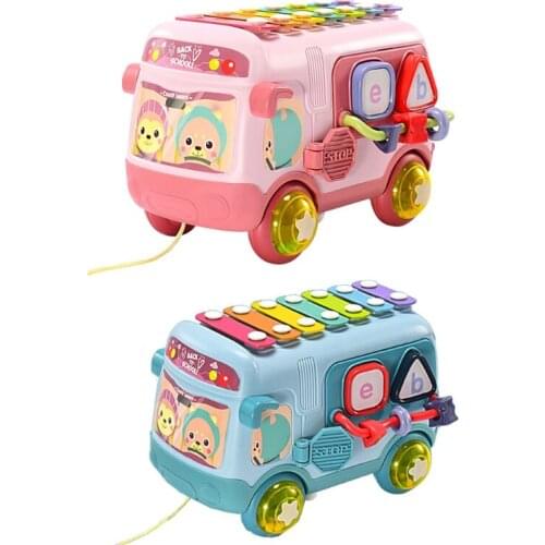 Push Pull School Bus Toy Xylophone Percussion with Building Blocks Shape Sorter Music Toys Birthday Favors for Kids