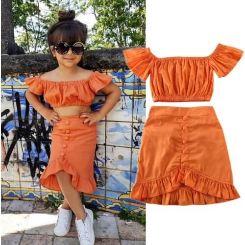 1-6 Years Toddler Girls Orange Clothes Set Girls Off Shoulder Cropped Tops Ruffle Skirt Set For Girls Summer 2pcs Outfits