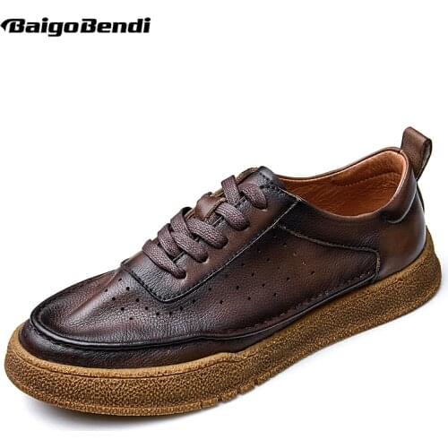 Spring Summer Yound Man Full Grain Leather High End Sneakers Boy Lace-up Fashion Daily Casual Shoes Soft