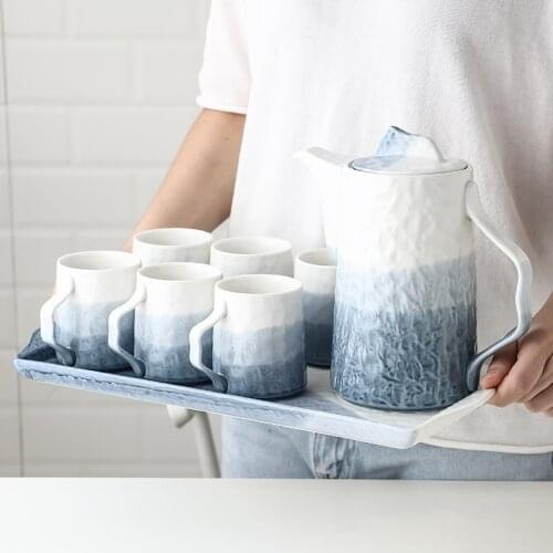 Modern and Simple Household Hot Water Kettle Set Ceramic Hand-painted Blue Gray Gradient Drinking Utensils Gift Cup Set