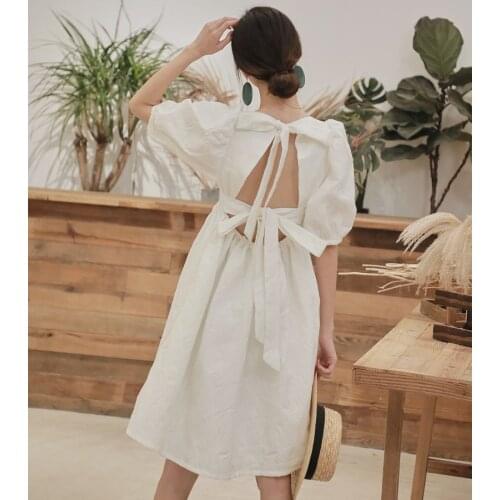 Holiday Seaside Retro Fairy Bow Puff Sleeve Square Neck Square Collar Fashion Kawaii Lolita Party Dress Vestidos Robe Femme