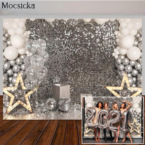 Retro Disco Adult Kids Birthday Photoshoot Backdrop Balloon Silver Glitter Birthday Party Decor Backgrounds for Photo Studio